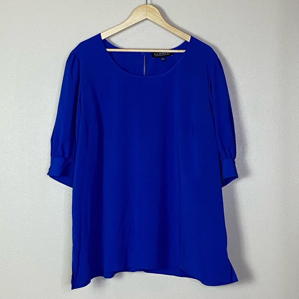 Eloquoii Puff Sleeve Curvy Plus Blouse Size 22 Royal Blue Gold